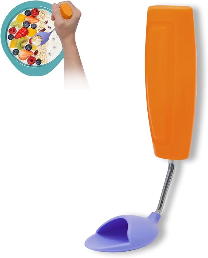 Anti-Tremor Spill Shield Spoon for Hand Tremors Parkinsons, Weighted Adaptive Utensils with Large Enclosed Scoop, Ergonomic Non-Slip Handle, Dishwasher Safe (Brown, Forward-Tilt)