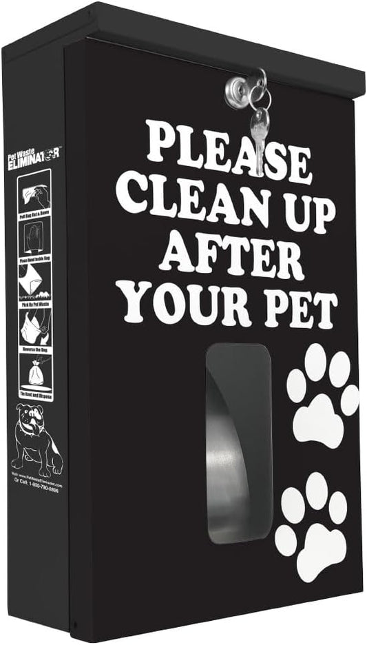 Dog Waste Station Dispenser Box - Paw Prints Black Design - Rustproof Aluminum - Pet Waste Bag Dispenser with Lock and Rainguard - Fits Any Dog Poop Bag (No bags included)