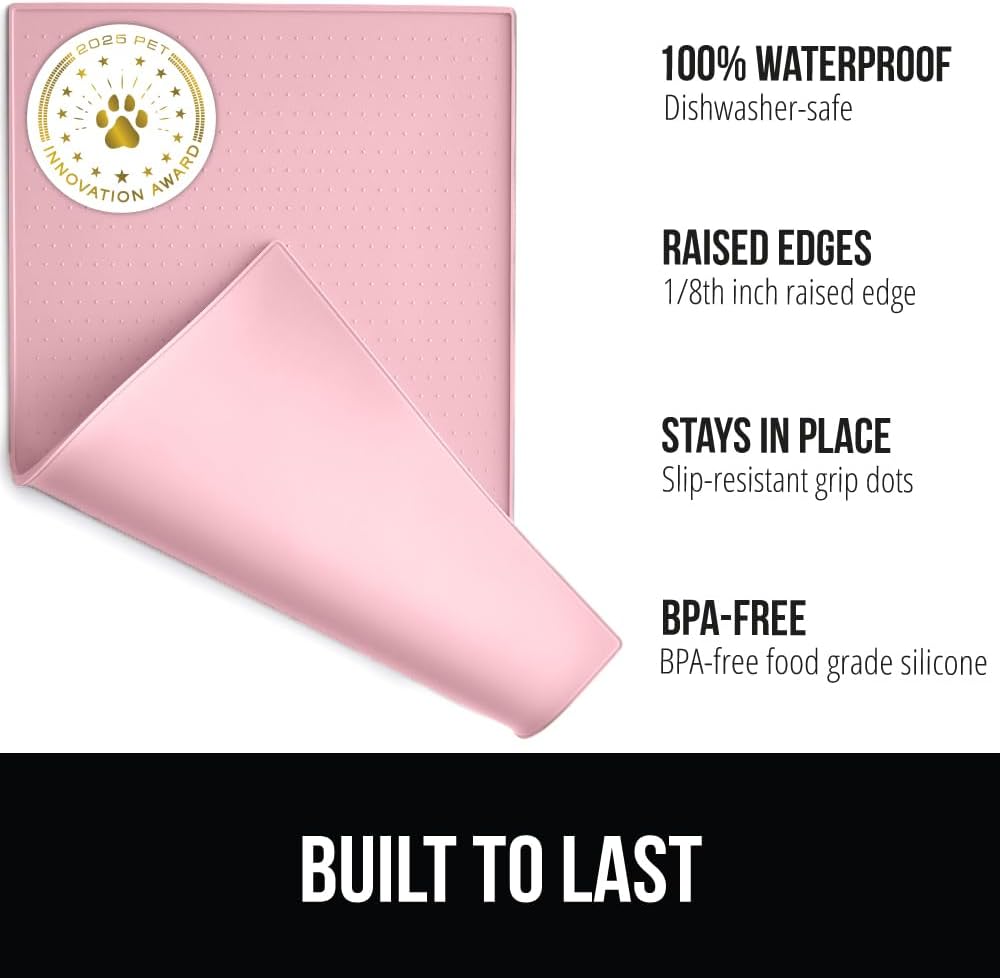 GORILLA GRIP 100% Waterproof Raised Edge BPA Free Silicone Pet Feeding Mat, Dog Cat Food Mats Contain Spills Protects Floors, Placemats for Cats and Dogs Water Bowl, Pets Accessories 18.5x11.5 Pink
