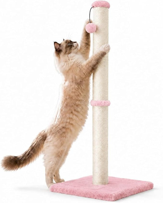 Dimaka Tall Cat Scratching Post, Claw Scratcher with Sisal Rope and Covered with Soft Smooth Plush, Vertical Scratch [Full Strectch] for Standard Size Cats (Pink, 34 inches for Large Cats)