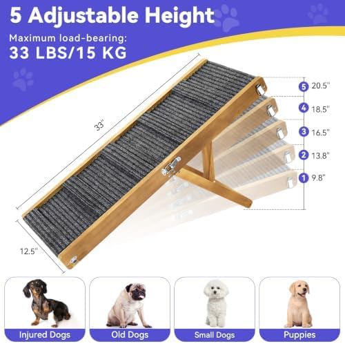 Pawaboo 2026 Upgraded Small Dog Ramp for Couch Foldable, 5 Ajustable Height | Height from 9.8" to 20.5", Portable Stable Pet Steps with Non-Slip Pad, Pet Ramps Use for Sofa Couch Stairs, Wood