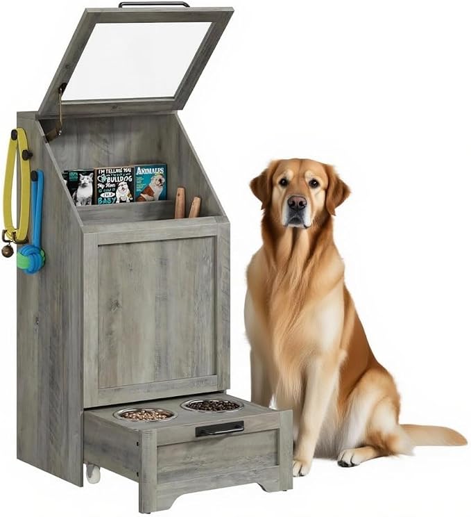 Dog Feeding Station, with Pet Feeding Station,Flip Top Dog Food Storage Cabinet, 2 Elevated Bowls, Includes 3 Hooks for Accessories – Space-Saving Design, Grey