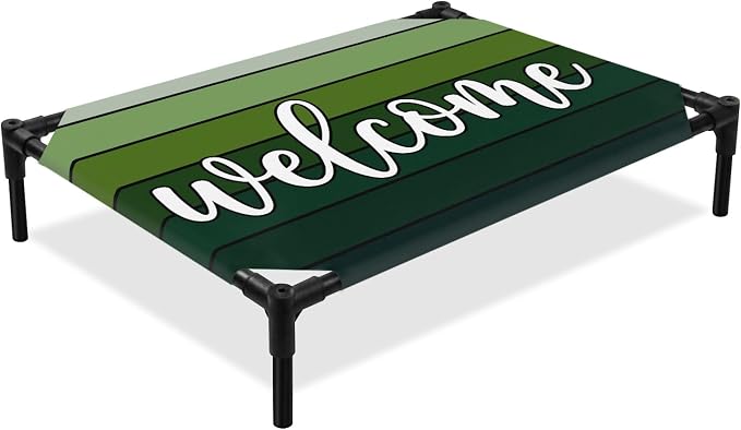 Outdoor Elevated Dog Bed for Large Dogs, Green Wooden Grain Breathable Cooling Raised Dog Cot for Indoor/Outdoor, Ombre Farmhouse Country Wood Plank Waterproof Elevated Pet Beds, L 28 x 22 in