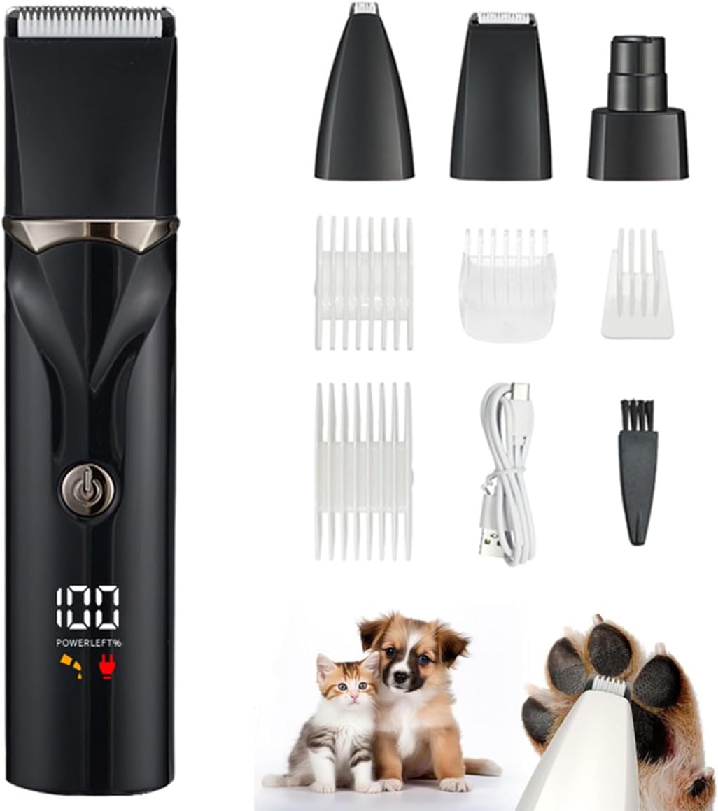 Dog Grooming Kit with LCD Display, 4 in 1 Dog Hair Trimmer for Paw Nail Grinder, Rechargeable Cordless Pet Cat Clippers, Professional Pet Paw Trimmer Nail Grinder Low Noise. Black
