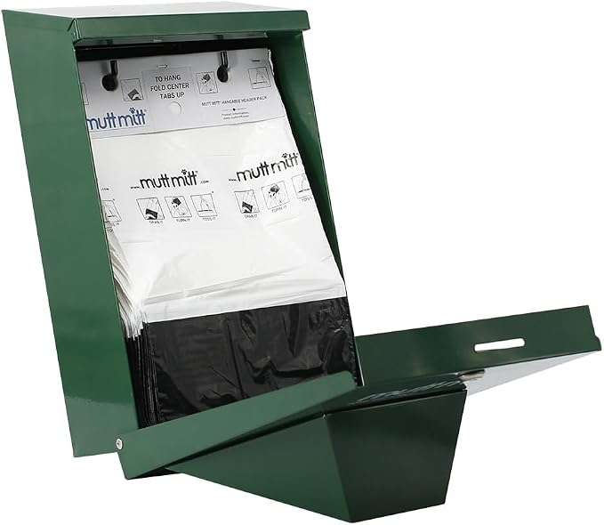 Mutt Mitt® Aluminum Mini Dog Waste Station - Gloss Green | 2-Ply | Full-height aluminum station with sign, 400 header bags, locking dispenser, & post | install beside existing trash cans