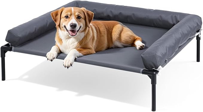 Cooling Elevated Dog Bed, 26.8x34 Raised Dog Bed with Removable Bolster Cushion, Breathable Mesh, Non-Slip Feet, and Metal Frame for Medium Breeds Indoor Outdoor | Raised Dog Bed with Removable Bolster Cushion, Sturdy Metal Frame, Non-Slip Feet, for Me...
