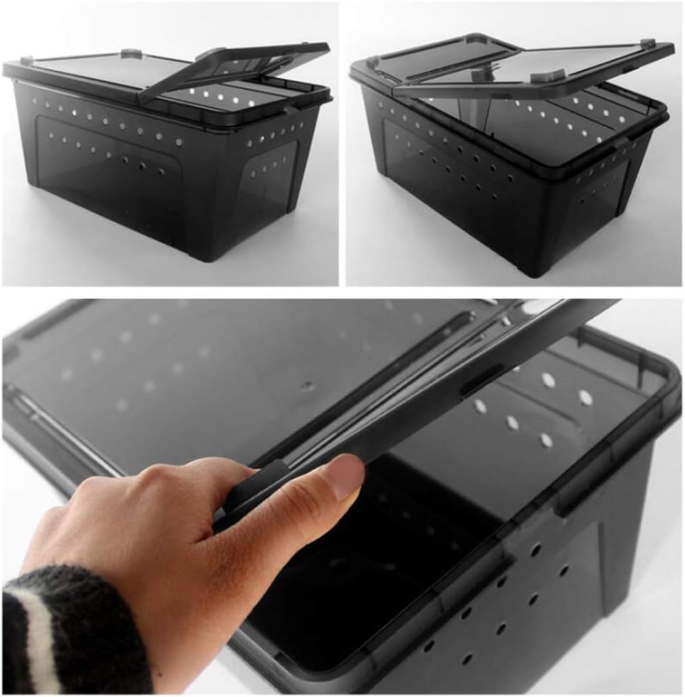 OMEM Portable Reptile Terrarium Habitat for Mini Pet Houses Breathable Holes Stackable Container (Black-L)