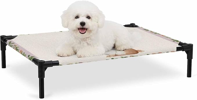 Outdoor Elevated Dog Bed for Medium Dogs, Country Bunny Breathable Cooling Raised Dog Cot for Indoor/Outdoor, Farmhouse Rustic Flower Leaf Plant Beige Waterproof Elevated Pet Beds, M 24 x 20 in