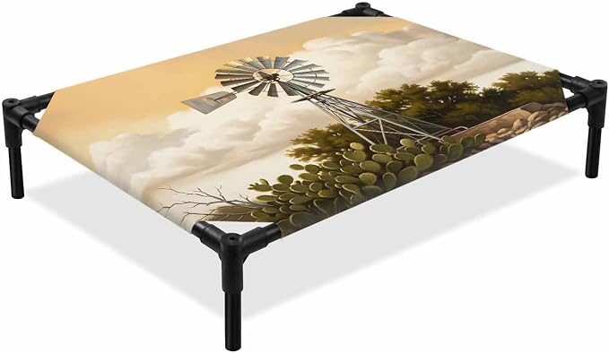 Outdoor Elevated Dog Bed for Medium Dogs, Windmill Breathable Cooling Raised Dog Cot for Indoor/Outdoor, Sunset Horizon Farmhouse Trees Waterproof Elevated Pet Beds, M 24 x 20 in