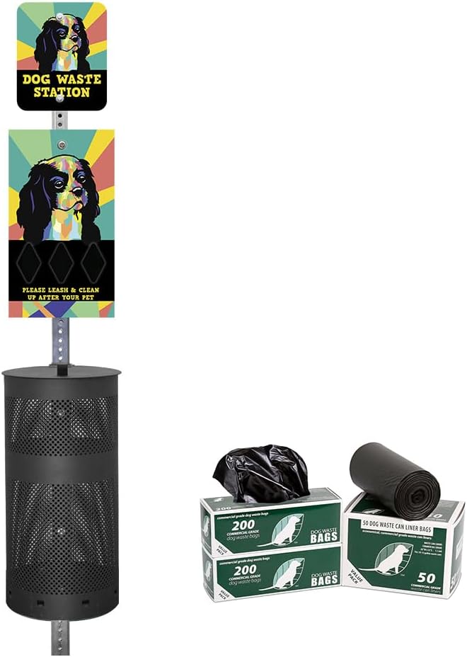 Zero Waste USA - DISPENSE-ART™ Dog Waste Station - King Charles | Commercial rust-proof aluminum station with UV artwork, 400 roll bags, 10-gallon can & 10-year warranty