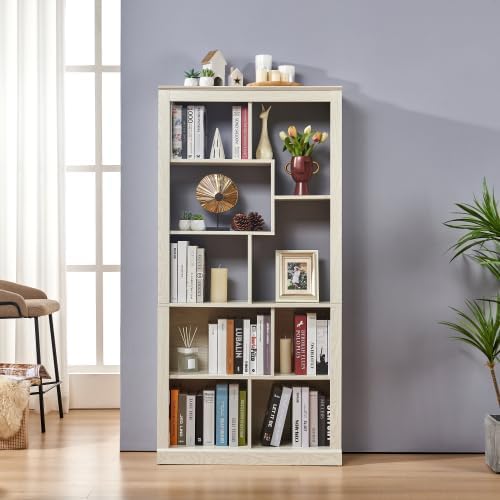 5 Tier Bookshelf with Open Back Storage - Modern Wood Bookcase Furniture Organizer - Cube Modular Shelving Unit Display Case for Living Room, White Oak
