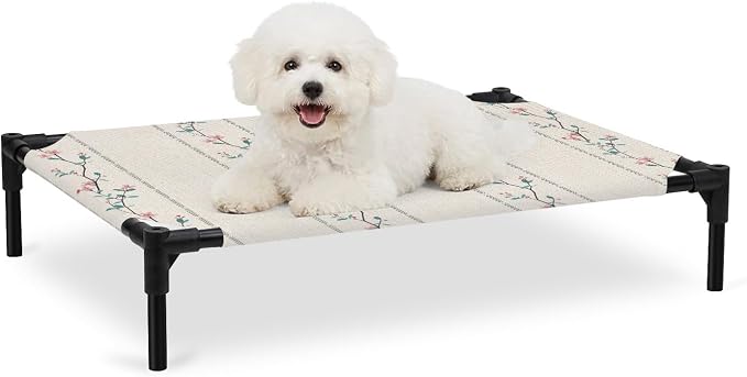 Outdoor Elevated Dog Bed for Medium Dogs, Beige Flower Branch Breathable Cooling Raised Dog Cot for Indoor/Outdoor, Spring Summer Farmhouse Botanical Waterproof Elevated Pet Beds, M 24 x 20 in