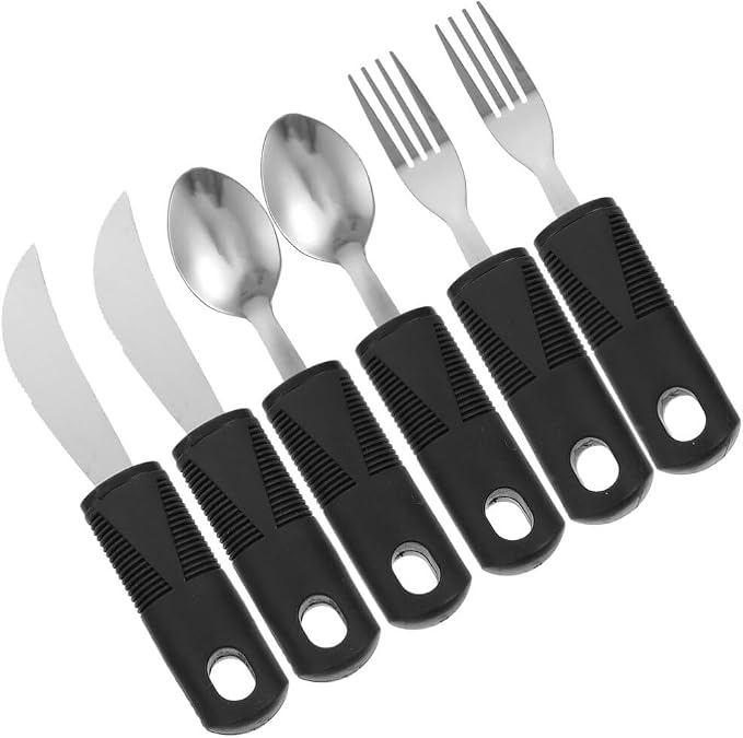 Anti-Shake Elderly Adaptive Utensils Set with Non-Slip Thick Handles Lightweight Stainless Steel Tableware for Hand Tremors Arthritis Patients 6-Piece