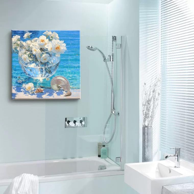 weiyiart Canvas Wall Art Beach White Flower Décor Wall Picture Blue Coastal Canvas Print Ocean Nautical Painting Seascape Vintage Artwork for Seaside Living Room Bedroom Bathroom Decor 14x14 inch