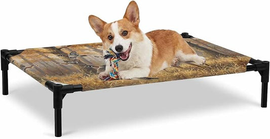 Outdoor Elevated Dog Bed for Large Dogs, Brown Deer Birds Breathable Cooling Raised Dog Cot for Indoor/Outdoor, Autumn Forest Trees Grass Natural Scenery Waterproof Elevated Pet Beds, L 28 x 22 in