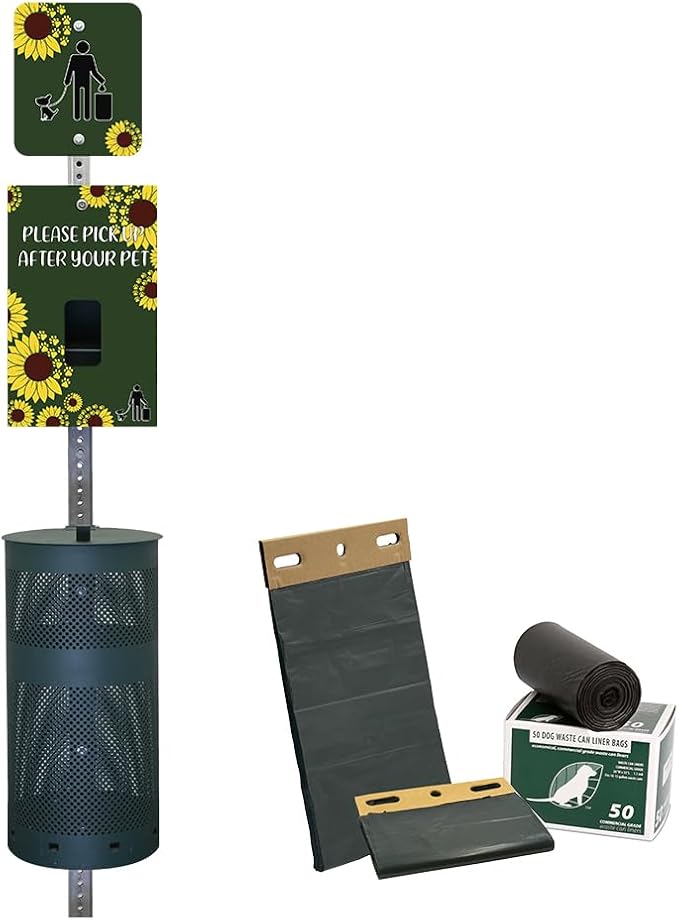 Zero Waste USA - Aluminum Dog Waste Station - Sunflower | Matte Green | DISPENSE-ART™ UV printed aluminum station with MittN™ mitten bags, 25% more dispenser storage, commercial outdoor design