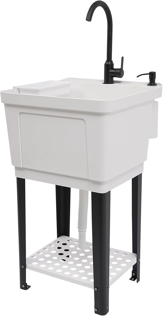 Tall Freestanding Plastic Utility Sink with Hose Hook Up White | 360° Rotating Hot and Cold Faucet, Built-in Soap Box and Soap Dispenser, Bottom Storage Rack, Four Iron Support Feet