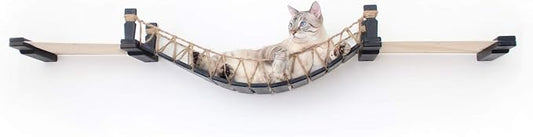CatastrophiCreations Cat Bridge Wall-Mounted Play and Lounge Toy Cat Tree with Fabric Lounger for Pets, Onyx Bamboo/Natural Canvas