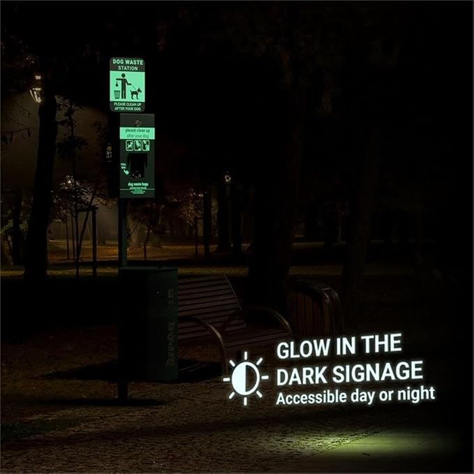 Pemberly Row Pet Waste Station, Galvanized Steel, 76 in Height, Green Finish, Lidded Trash Can with Pull-Out Bag Dispenser, Glow-in-The-Dark Signage, Includes Waste Bags and Liners for Outdoor Use