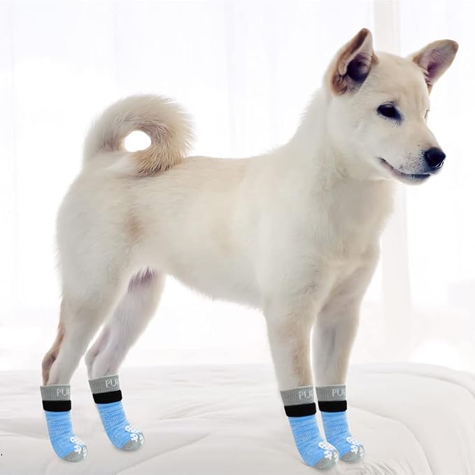 PUPTECK Anti-Slip Dog Socks with Double Sides Grips for Small Medium Large Dogs Hardwood Floors Prevents Licking, Dog Shoes for Hot Pavement Traction Control Paw Protector for Senior Dogs, Blue M