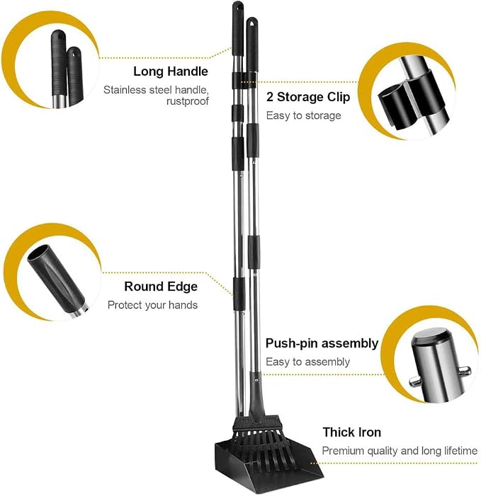 Pooper Scooper, Dog Pooper Scooper Long Handle Stainless Metal Tray and Rake for Medium Small Dogs Heavy Duty Pet Supplies to Use for Grass, Dirt or Gravel
