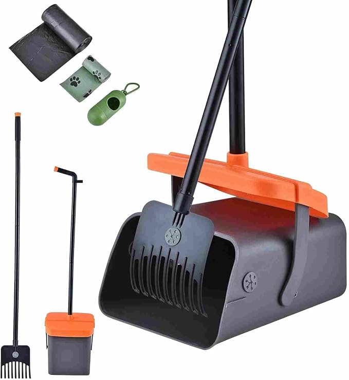 46-Inch Dog Pooper Scooper, Swivel Bin & Rake Set with Extended Handle, Odor-Sealing Lid, Bag Holder + 35 Free Waste Bags, for Large Small Dogs, Yard & Outdoor Use