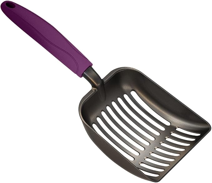 Cat Litter Scoop, Non-Stick Plated Aluminum Alloy Sifter, Kitty Durable Metal Scooper, Deep Shovel, Long Handle, Kitten Pooper Lifter, Size Medium, Coated Black Body with Violet Handle