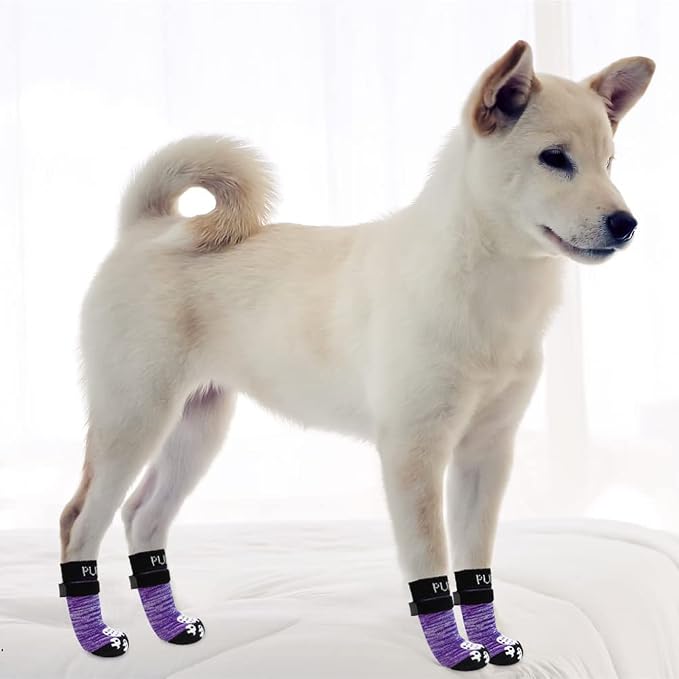 PUPTECK Anti-Slip Dog Socks with Double Sides Grips for Small Medium Large Dogs Hardwood Floors Prevents Licking, Dog Shoes for Hot Pavement Traction Control Paw Protector for Senior Dogs, Purple L