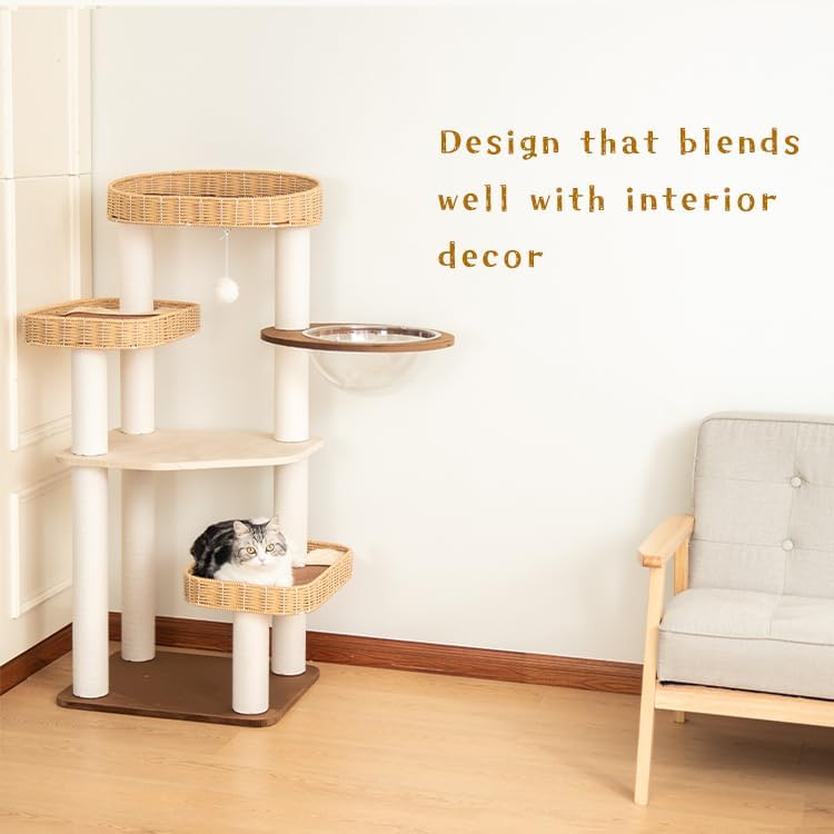 48'' Cat Tree for Large Cats, Modern Cat Tree Multi-Level Condo with Natural Wood, Cat Activity Centre for Medium and Big Pets