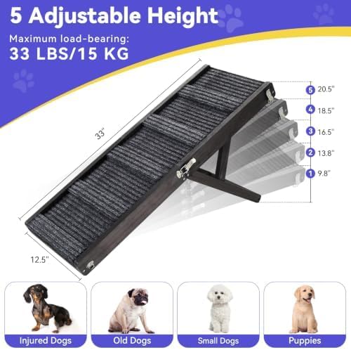 Pawaboo 2026 Upgraded Small Dog Ramp for Couch Foldable, 5 Ajustable Height | Height from 9.8" to 20.5", Portable Stable Pet Steps with Non-Slip Pad, Pet Ramps Use for Sofa Couch Stairs, Wood