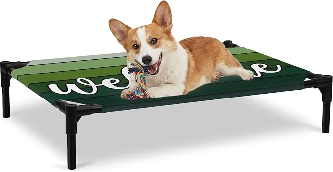 Outdoor Elevated Dog Bed for Large Dogs, Green Wooden Grain Breathable Cooling Raised Dog Cot for Indoor/Outdoor, Ombre Farmhouse Country Wood Plank Waterproof Elevated Pet Beds, L 28 x 22 in