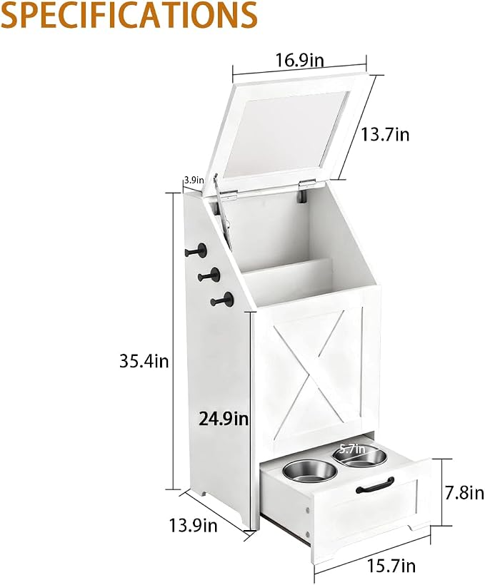 Dog Feeding Station with 2 Elevated Bowls, Dog Food Storage Cabinet with Pet Toy Organizer and Flip Top Pet Feeding Station,Hidden Pet Feeder Station for Cats and Dogs(Dog Feeding Station-White)