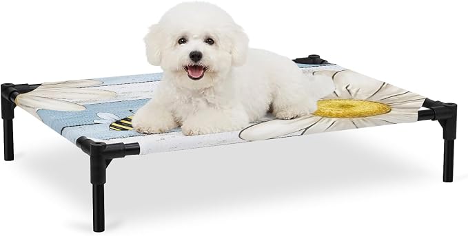 Outdoor Elevated Dog Bed for Medium Dogs, White Daisy Rustic Breathable Cooling Raised Dog Cot for Indoor/Outdoor, Pastoral Flowers Honeybees Blue Wood Waterproof Elevated Pet Beds, M 24 x 20 in