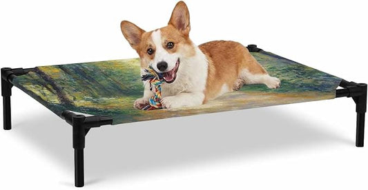 Outdoor Elevated Dog Bed for Large Dogs, Country Forest Breathable Cooling Raised Dog Cot for Indoor/Outdoor, Farmhouse Trees Plants Nature Scenery Waterproof Elevated Pet Beds, L 28 x 22 in