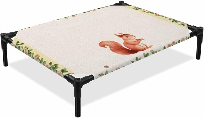 Outdoor Elevated Dog Bed for Large Dogs, Country Squirrels Breathable Cooling Raised Dog Cot for Indoor/Outdoor, Farmhouse Rustic Flower Leaf Plant Beige Waterproof Elevated Pet Beds, L 28 x 22 in