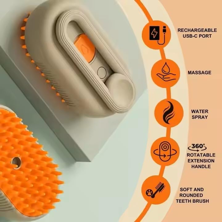 3-in-1 Steam Pet Brush for Cats & Dogs – Self-Cleaning Grooming Comb with Spray Mist, Massage & Shedding, Rechargeable USB, Anti-Static, Foldable Handle (TAN)