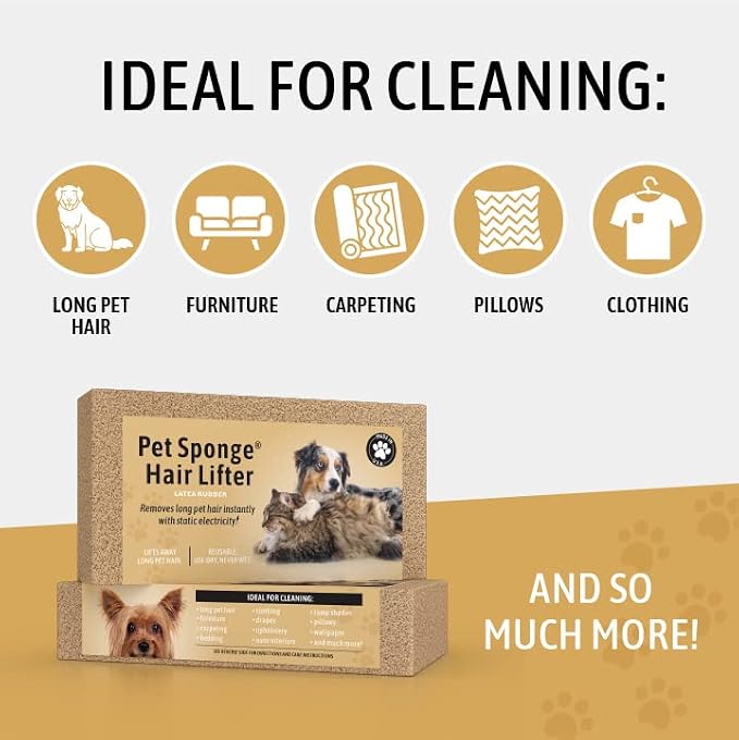 Pet Sponge Hair Lifter 3 Pack Remove Dog, Cat and Other Pet Hair from Furniture, Carpet, Bedding and Clothing - 3 Sponges All Natural Latex Rubber, Made in The USA