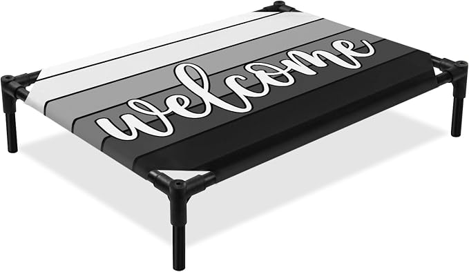 Outdoor Elevated Dog Bed for Medium Dogs, Black Wooden Grain Breathable Cooling Raised Dog Cot for Indoor/Outdoor, Gradient Farmhouse Wood Plank Waterproof Elevated Pet Beds, M 24 x 20 in