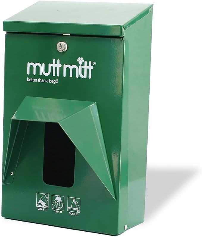 Mutt Mitt® Aluminum Dog Waste Bag Dispenser - No Bags (Green) | Rust-proof aluminum header bag dispenser, locking hood, fits all 5" header bags, 2 keys & mounting hardware included