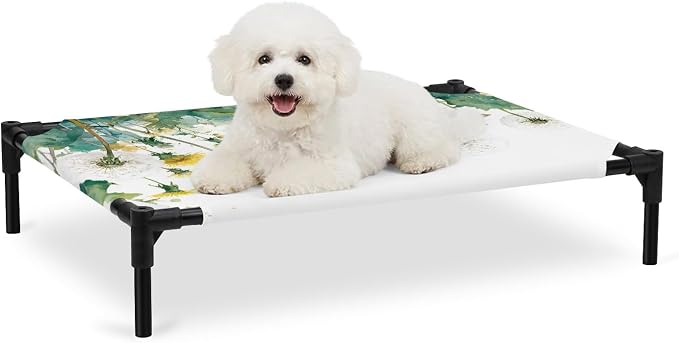 Outdoor Elevated Dog Bed for Medium Dogs, Hanging Dandelions Breathable Cooling Raised Dog Cot for Indoor/Outdoor, Green Leaves Botanical Flower Minimalist Waterproof Elevated Pet Beds, M 24 x 20 in