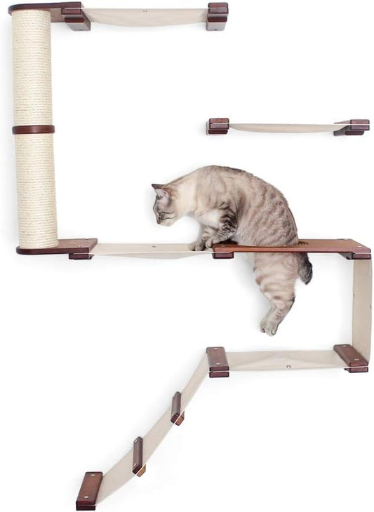 CatastrophiCreations Deluxe Cat Fort Wall Mounted Lounge, Climb and Play Furniture Cat Tree Shelves, English Chestnut Bamboo/Natural Canvas, one Size