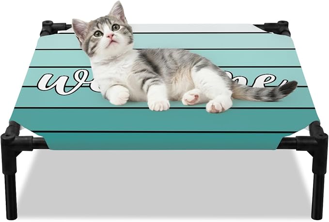 Outdoor Elevated Dog Bed for Small Dogs, Teal Green Wooden Grain Breathable Cooling Raised Dog Cot for Indoor/Outdoor, Gradient Farmhouse Wood Plank Waterproof Elevated Pet Beds, S 20 x 20 in