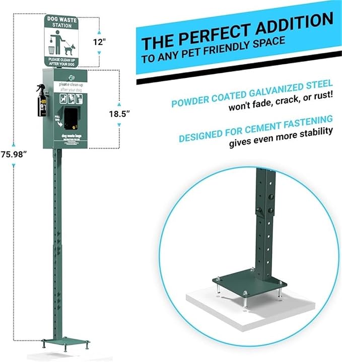 Pemberly Row Mini Pet Waste Station, 76 in Galvanized Steel, Green Powder Coated Finish, Pull Out Bag Dispenser, Hand Sanitizer Bottle Included, Glow-in-the-Dark Signage for Outdoor Use