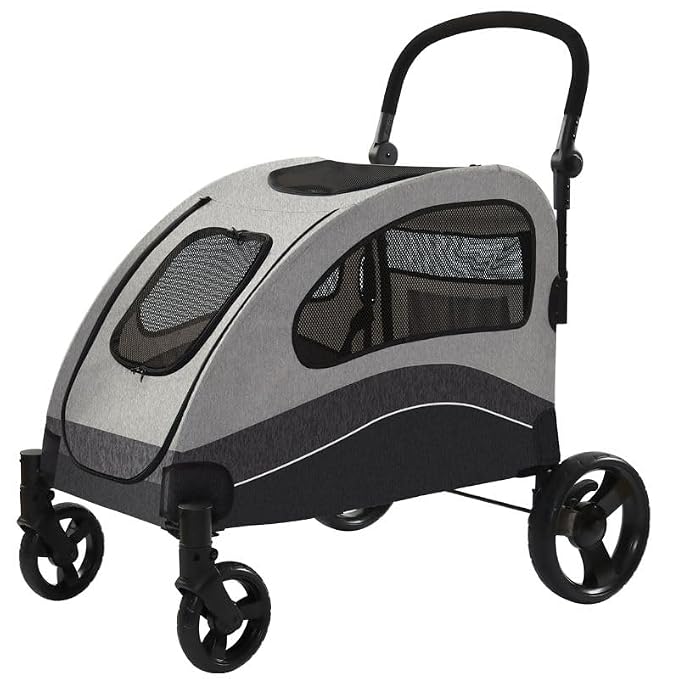 Garvee Extra Large Dog Stroller with Steel Pipe Frame, Wheels, Brakes, Shock Absorption, Foldable Design - Black