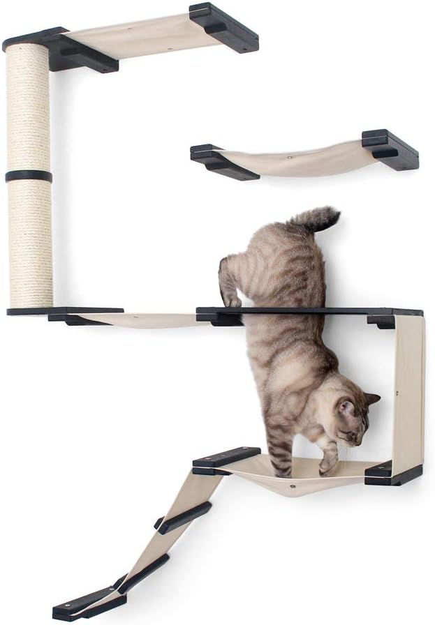 CatastrophiCreations Deluxe Cat Fort Wall Mounted Lounge Climb and Play Furniture Cat Tree Shelves DLF11ENCH English Chestnut Bamboo/Charcoal Gray Canvas