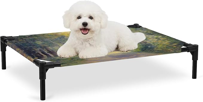 Outdoor Elevated Dog Bed for Medium Dogs, Farmhouse Forest Breathable Cooling Raised Dog Cot for Indoor/Outdoor, Pastoral Country Sun Light Trees Waterproof Elevated Pet Beds, M 24 x 20 in