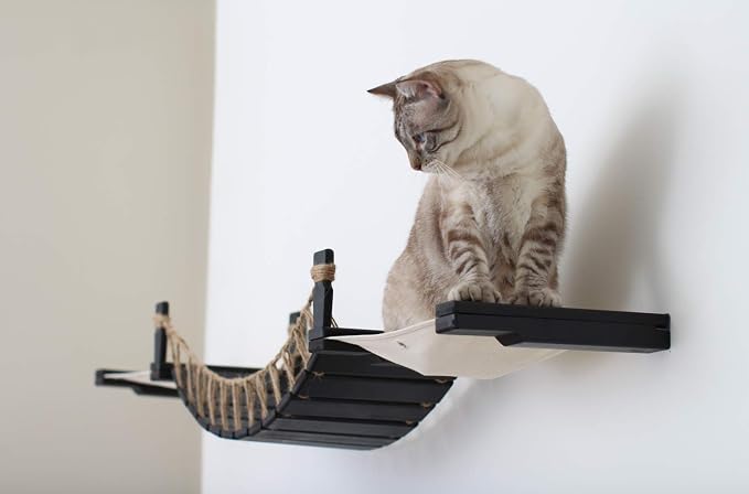 CatastrophiCreations Cat Bridge Wall-Mounted Play and Lounge Toy Cat Tree with Fabric Lounger for Pets, Onyx Bamboo/Natural Canvas