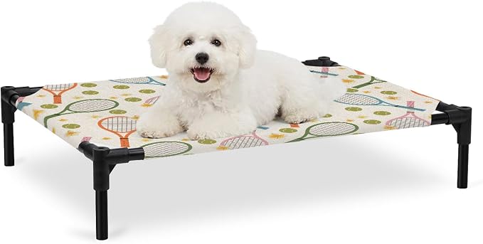 Outdoor Elevated Dog Bed for Medium Dogs, Tennis Rackets Breathable Cooling Raised Dog Cot for Indoor/Outdoor, Farmhouse Flowers Ball Sports Theme Waterproof Elevated Pet Beds, M 24 x 20 in