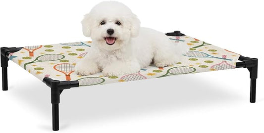 Outdoor Elevated Dog Bed for Medium Dogs, Tennis Rackets Breathable Cooling Raised Dog Cot for Indoor/Outdoor, Farmhouse Flowers Ball Sports Theme Waterproof Elevated Pet Beds, M 24 x 20 in