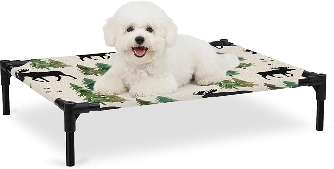 Outdoor Elevated Dog Bed for Medium Dogs, Black Green Moose Breathable Cooling Raised Dog Cot for Indoor/Outdoor, Modern Animals Trees Rustic Waterproof Elevated Pet Beds, M 24 x 20 in